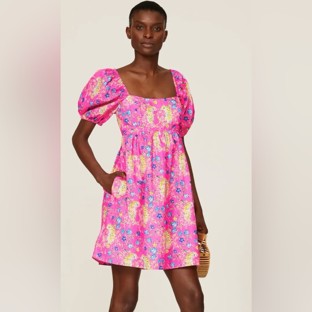 Lilly Pulitzer Sz 10 Puff Sleeve Smocked Kay Babydoll Dress Hot Pink Tiger Print
